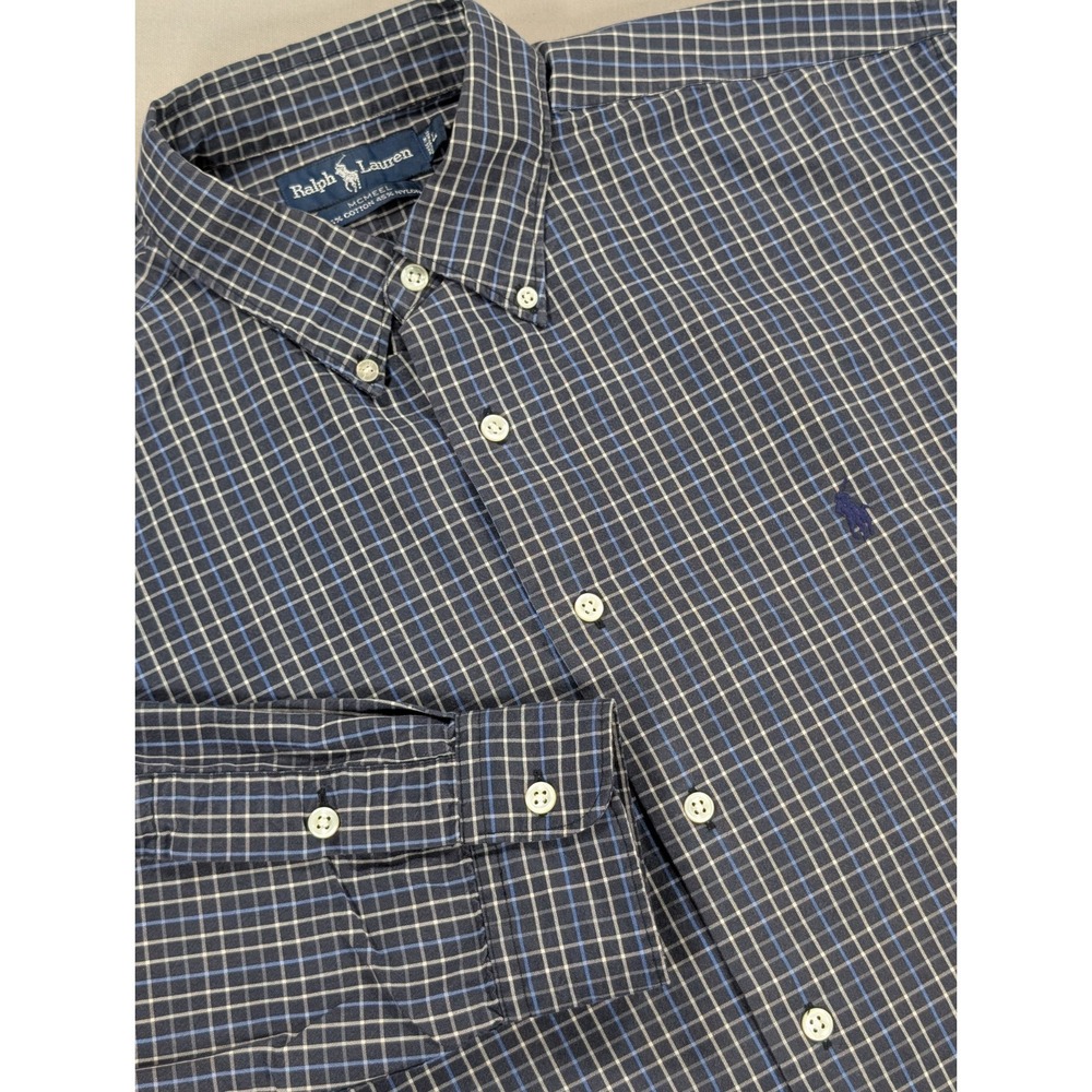 Ralph Lauren Shirt Men's Large Black Blue Check McMeel Button Down Y2K Vintage